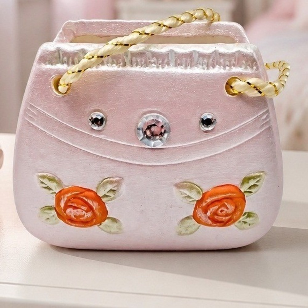 Ceramic Purse Container‎ Floral Rhinestones 4" x 4"